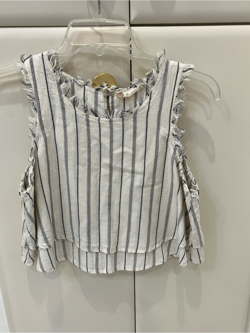 Altar'd State White & Navy Striped Fringe Cold-Shoulder Tank